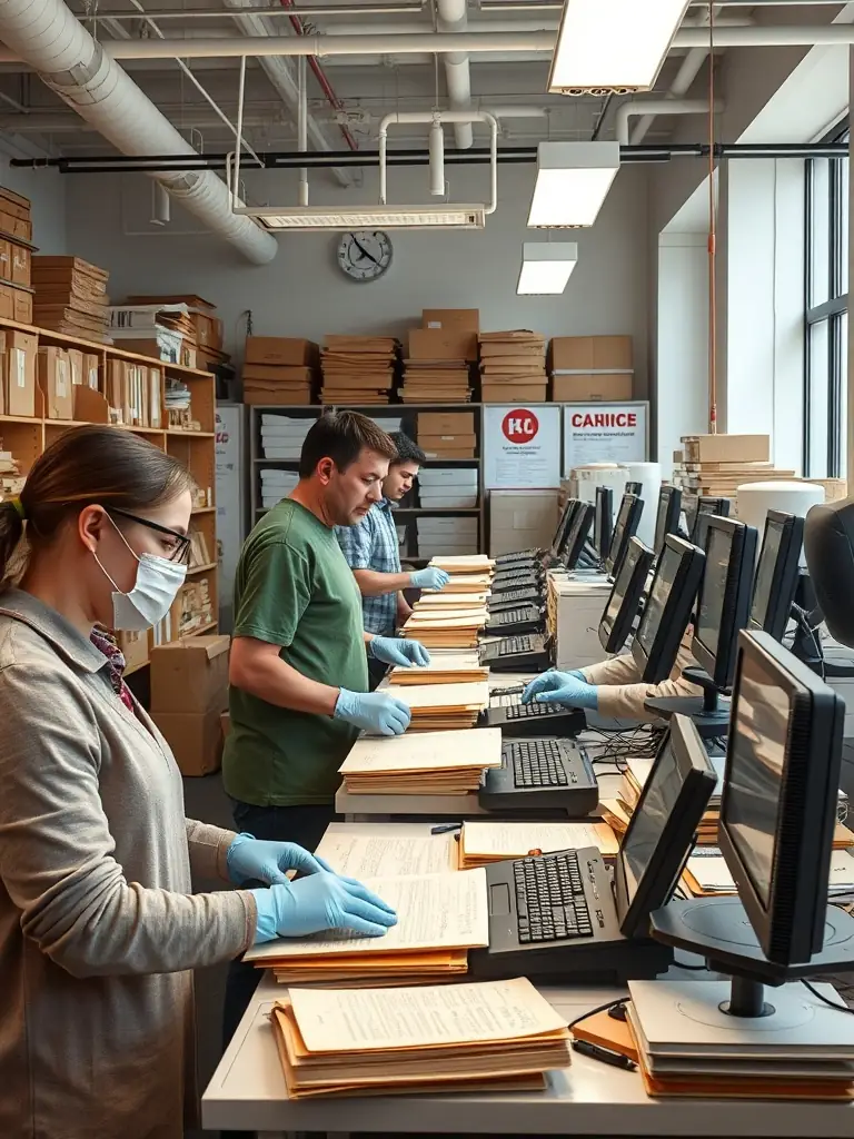 A photograph showcasing volunteers digitizing historical documents at the ONVIT headquarters, focusing on the meticulous work and the preservation of cultural heritage.