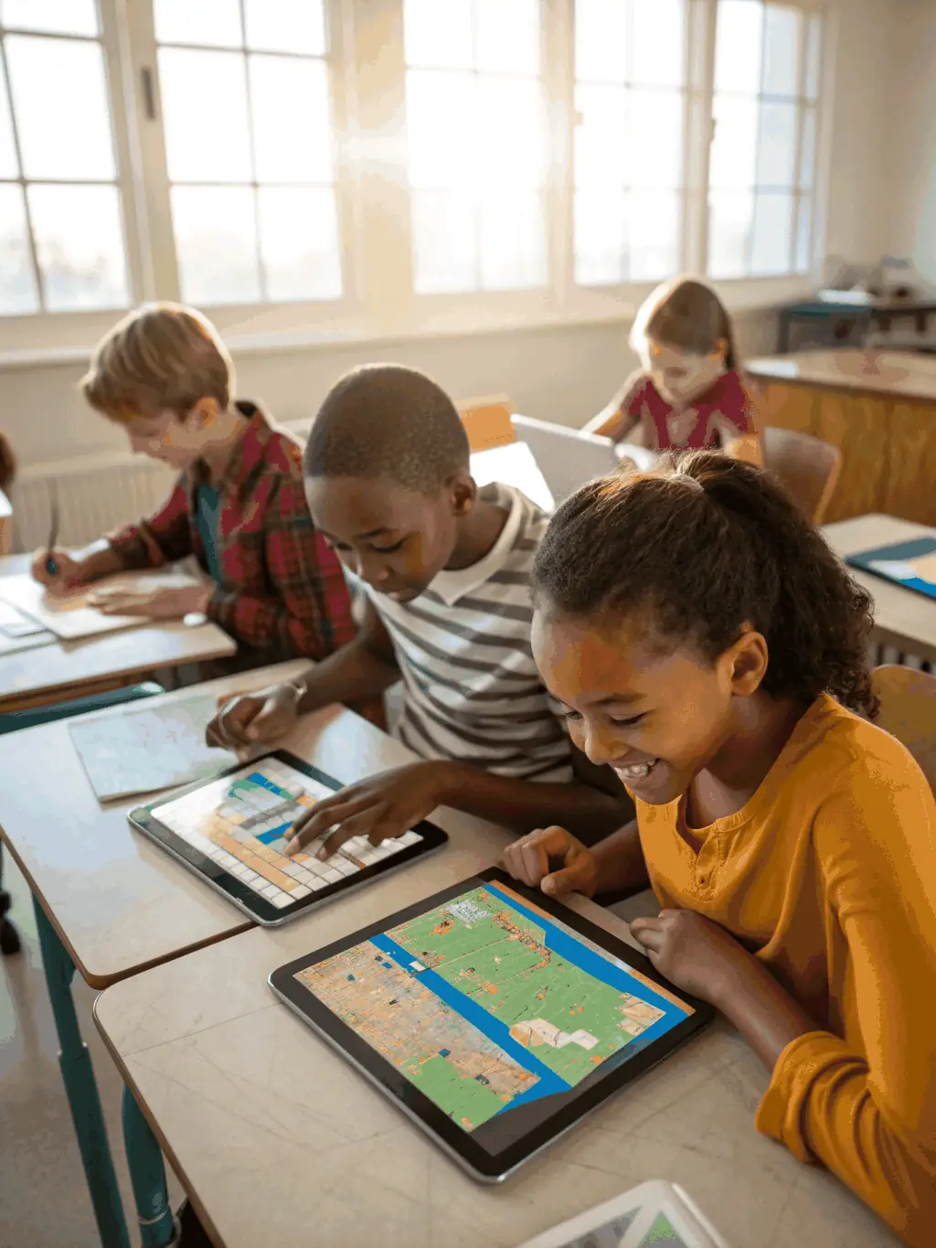 A group of students using digitized archives in a classroom setting, highlighting the educational impact of ONVIT's programs.