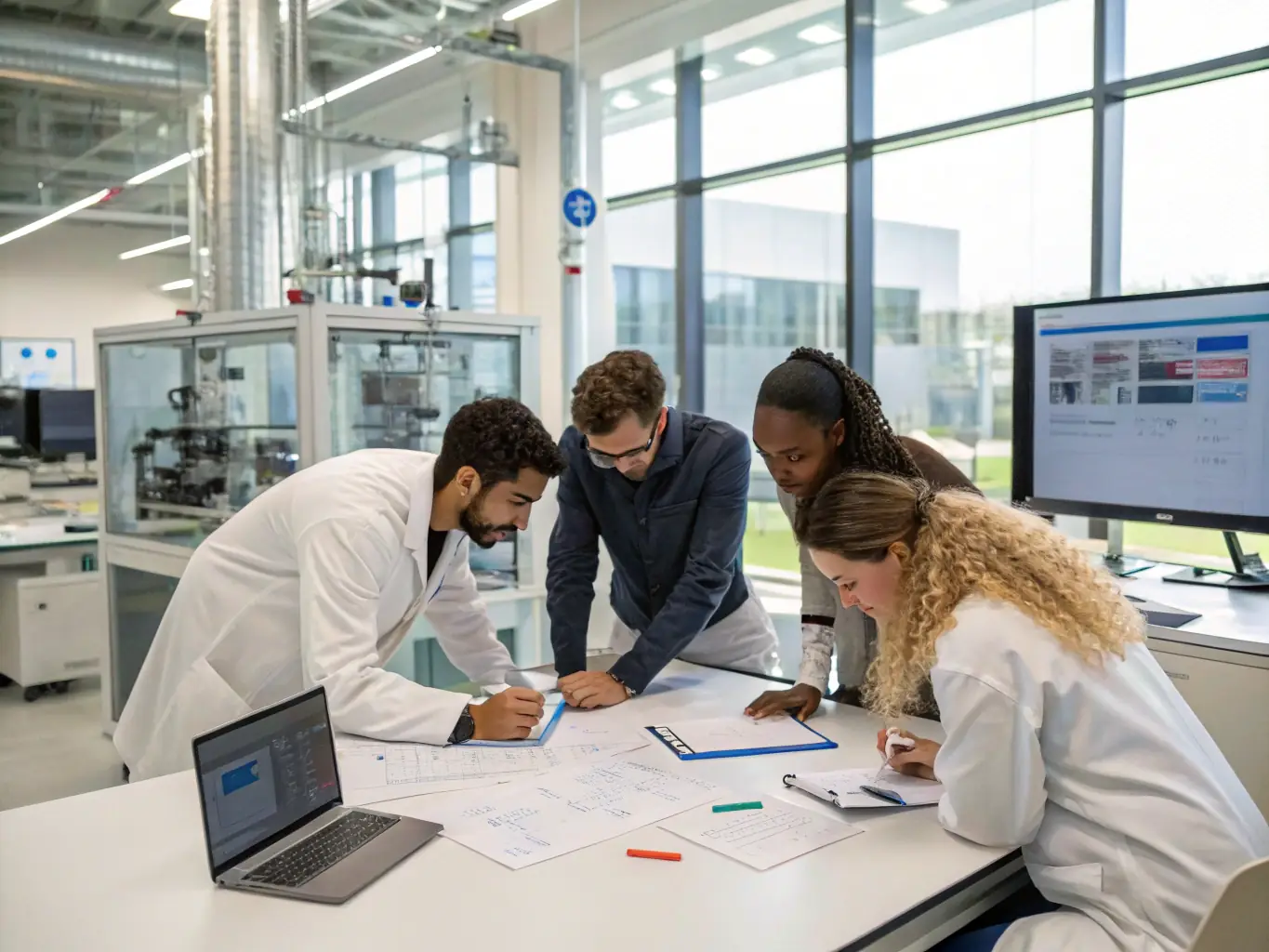 A diverse group of volunteers working together in a digitization lab, carefully scanning and cataloging historical documents and photographs. The scene is brightly lit, showcasing the collaborative effort and the advanced technology used in the process.