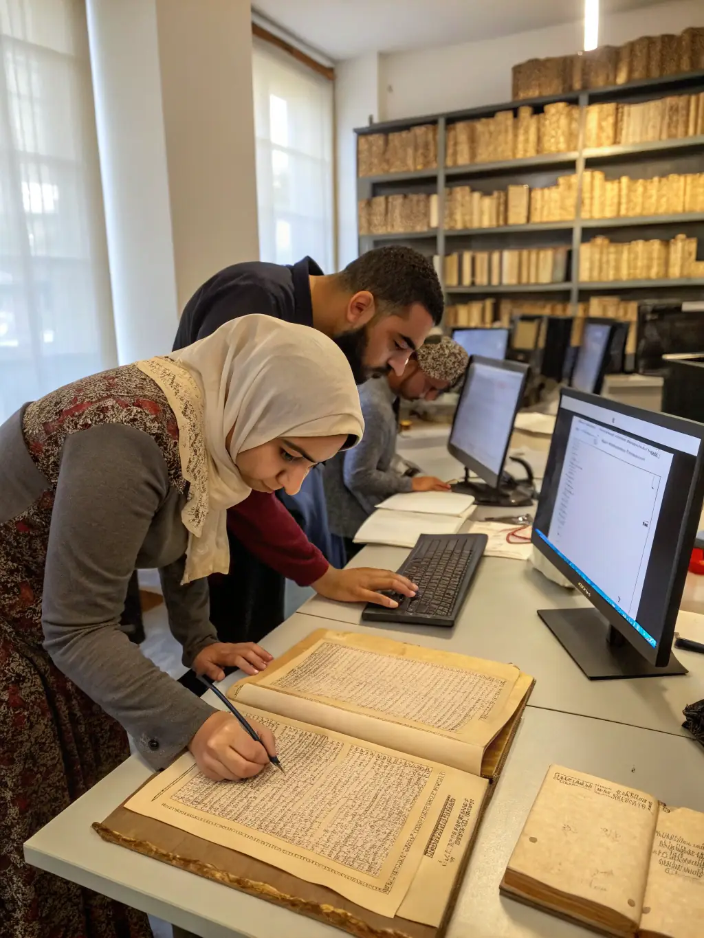 A photograph depicting ONVIT volunteers digitizing historical documents in a well-lit archive, showcasing the meticulous process and dedication to preserving cultural heritage.