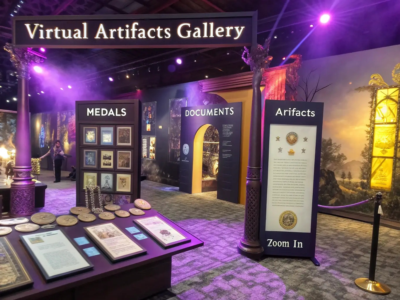 A digital rendering of a virtual museum exhibit showcasing digitized artifacts and historical documents. The exhibit is designed to be interactive and accessible to a global audience, highlighting the potential of digital heritage.