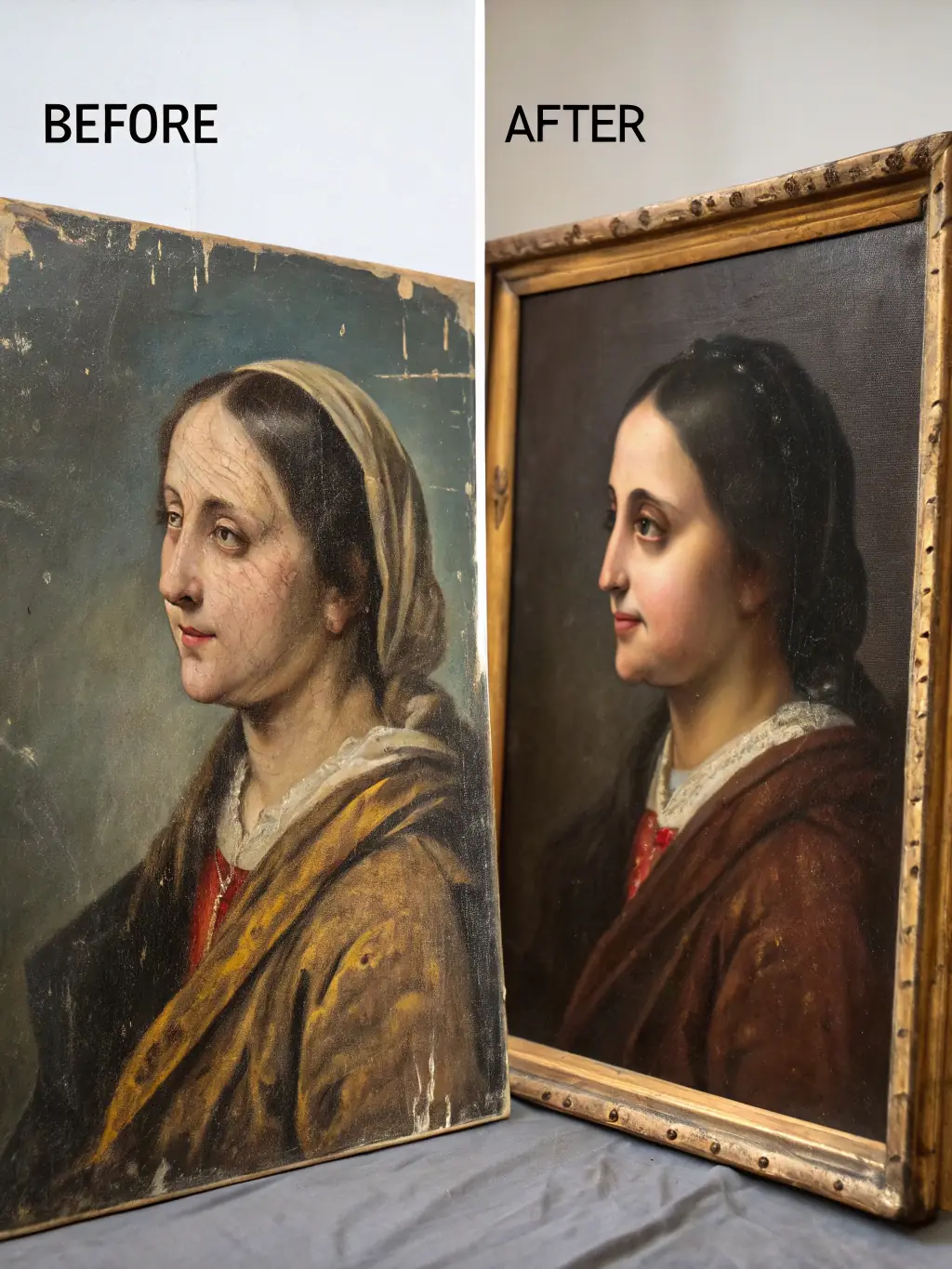A photograph showing a restored vintage photograph, highlighting the before-and-after transformation achieved through ONVIT's restoration efforts.