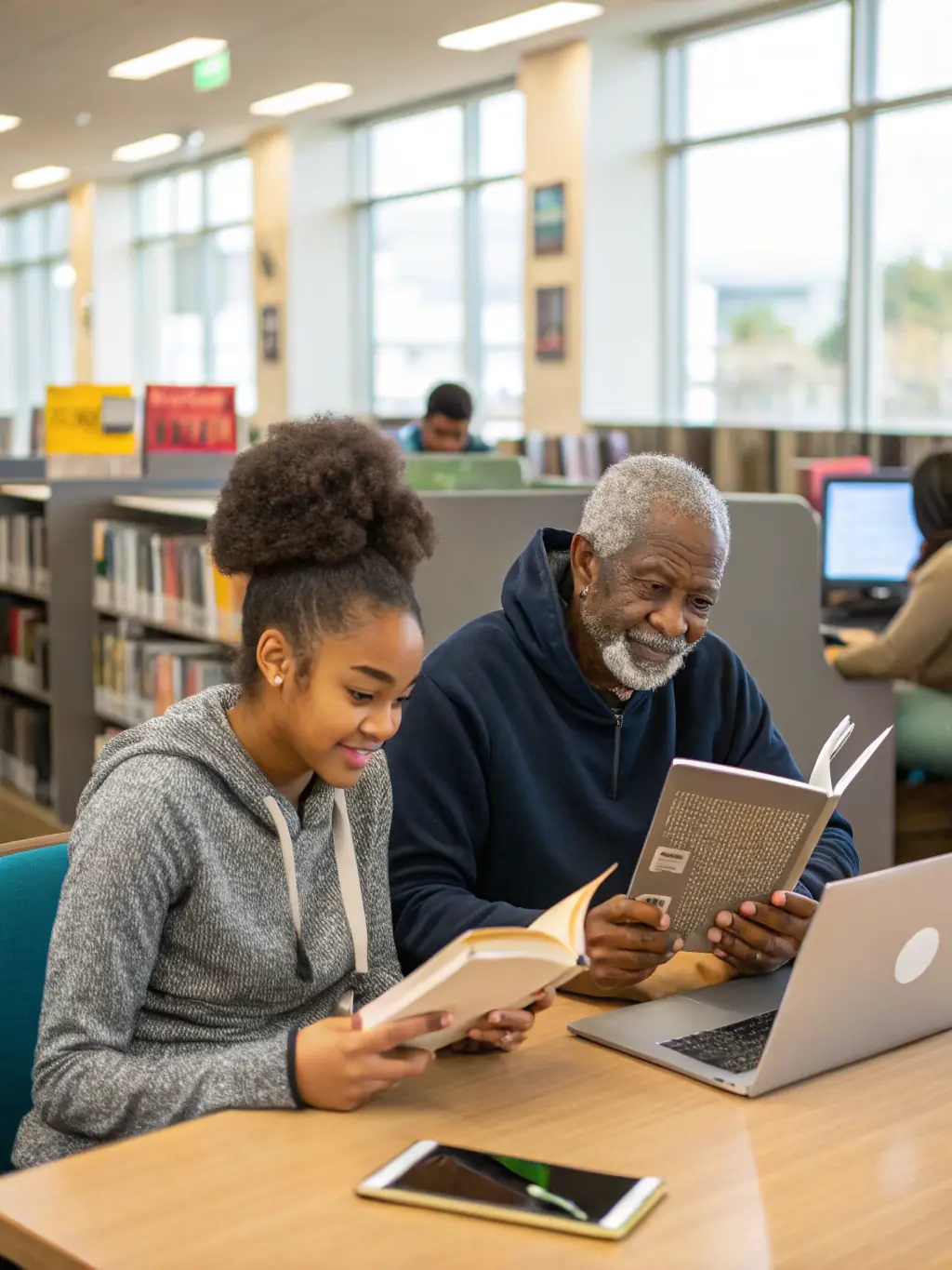 A diverse group of people accessing digitized historical documents on computers in a modern library setting, highlighting the accessibility of preserved heritage.