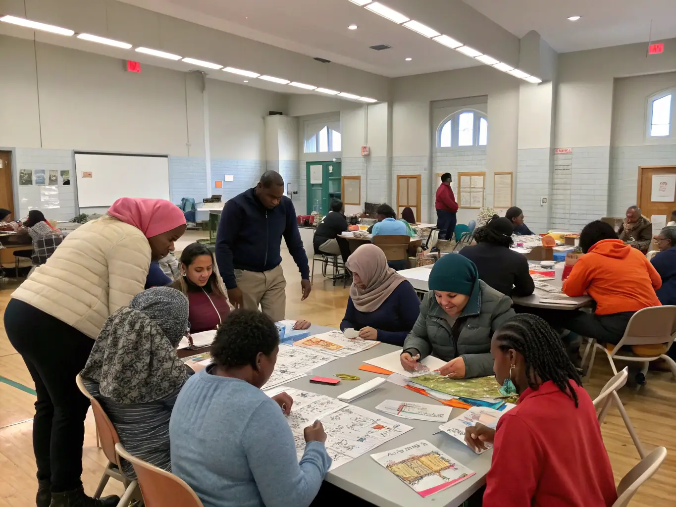 A photograph of a community workshop where participants are learning how to restore old photographs using digital tools. The atmosphere is engaging and interactive, with a focus on skill-sharing and community building.