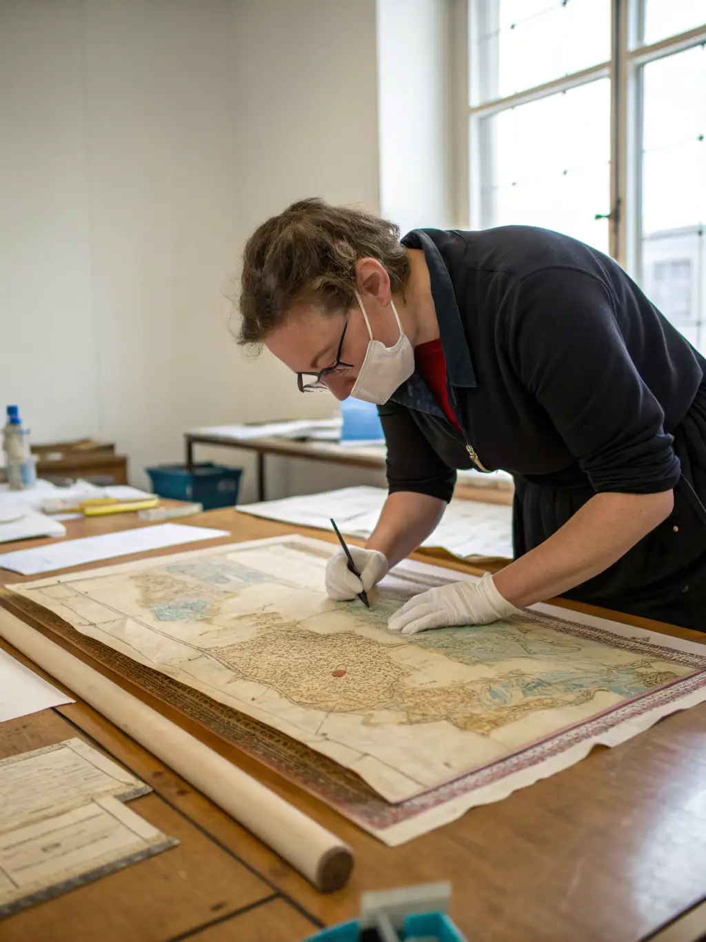 A skilled technician meticulously restoring a damaged historical document using specialized tools and techniques. The focus is on preserving the integrity of the original artifact.