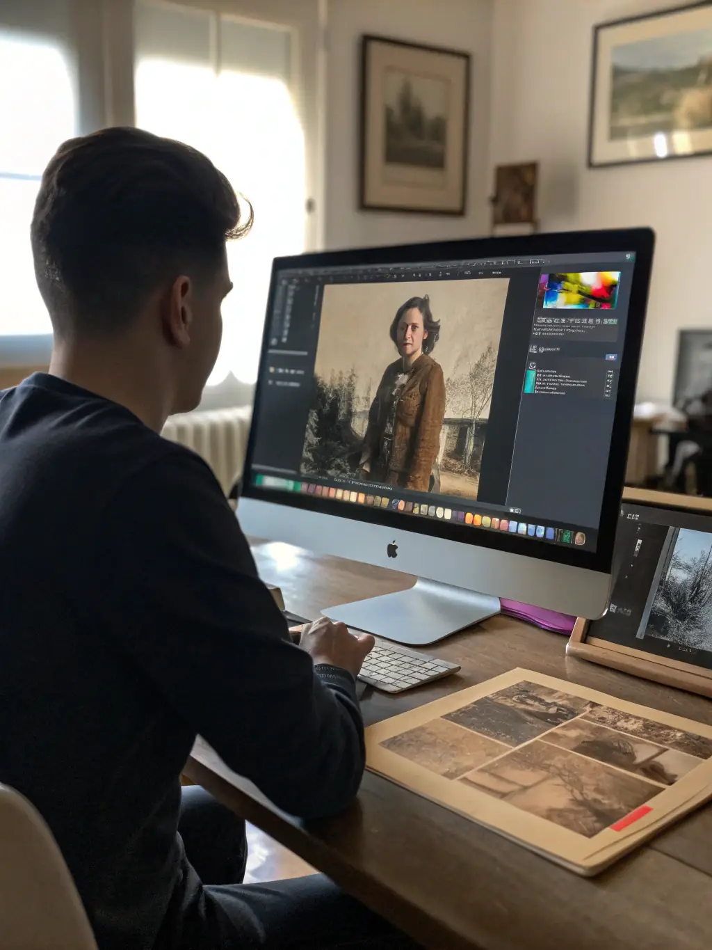 A digital archivist restoring a damaged historical document using specialized software, demonstrating ONVIT's expertise in digital preservation.