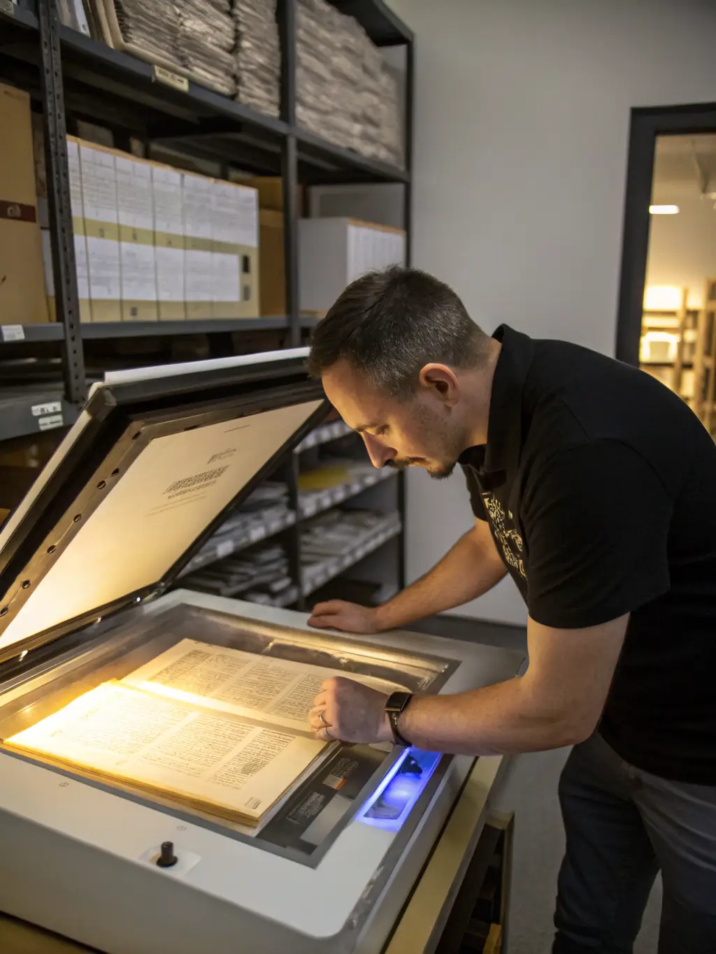 A person carefully scanning an old photograph with professional equipment, ensuring high-resolution digitization for preservation. The setting is a well-lit archival room.